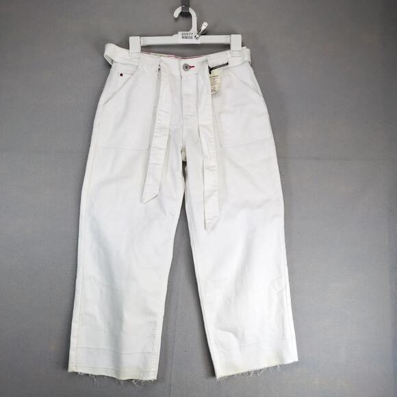 NWT EV1 Allie Wide Leg White Jeans Women's 2 Cropped 27x23" Stretch Tie Belt Raw - Picture 1 of 10